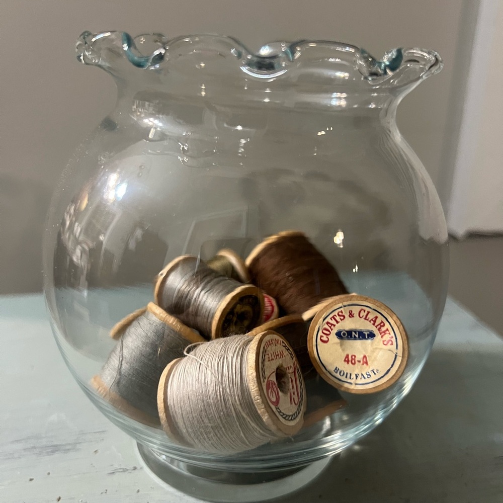 Glass Vase with Vintage Wood Thread Spools